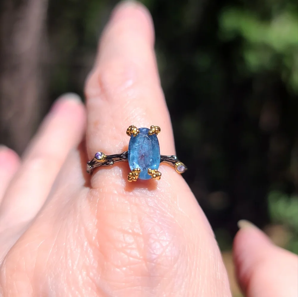 Kyanite & Amethyst elongated cushion cut STUNNING wreath sterling &gold ring sz9 - Picture 4 of 10